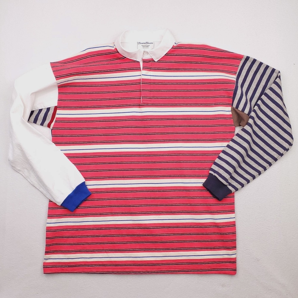 Rowing Blazers Shirt Mens XL Pink White Blue Striped End Of The Day Rugby Polo